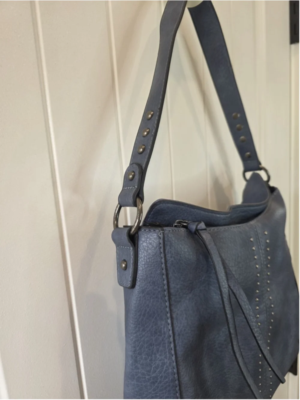 Montana West Blue Studded Shoulder Hobo Bag Faux Leather Slouchy Zip Tote Purse